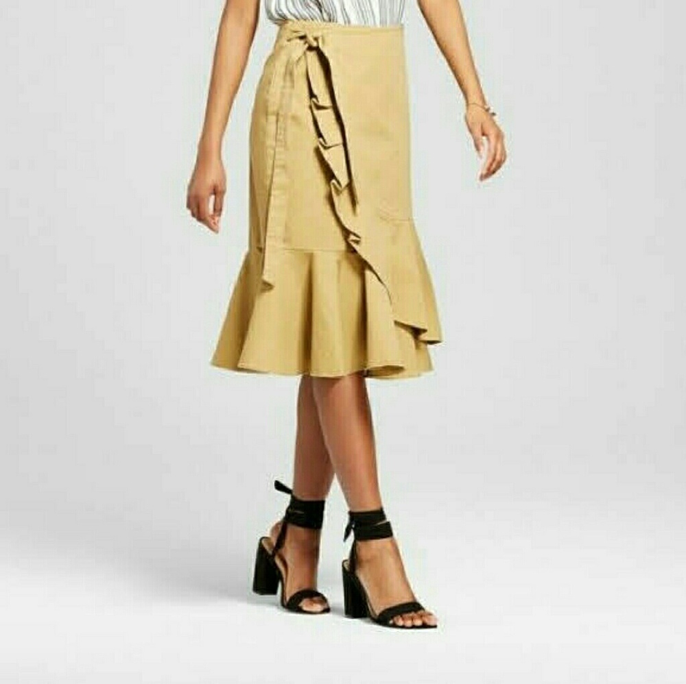 Who What Wear Beige Cotton Twill Ruffle Wrap Midi Skirt Size 12